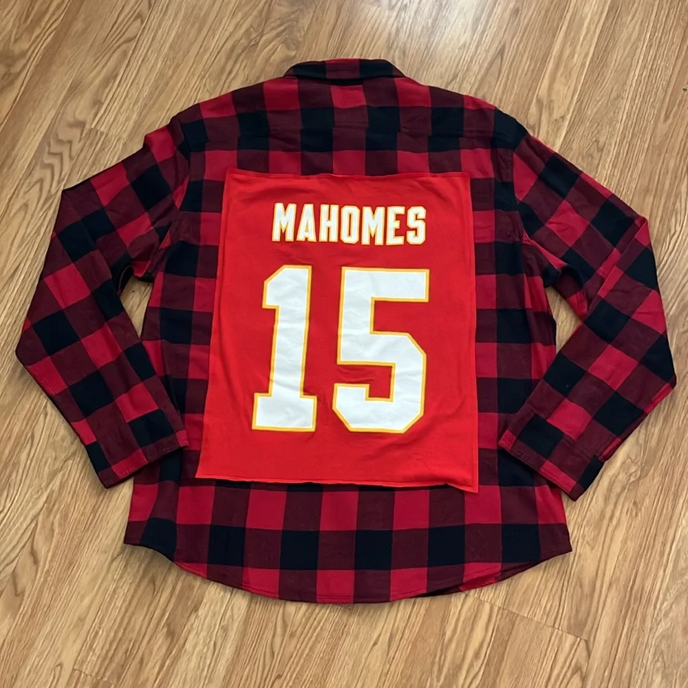 Kansas City Chiefs Mahomes 15 Flannel Shirt upcycled unisex size XXL - Picture 2 of 7